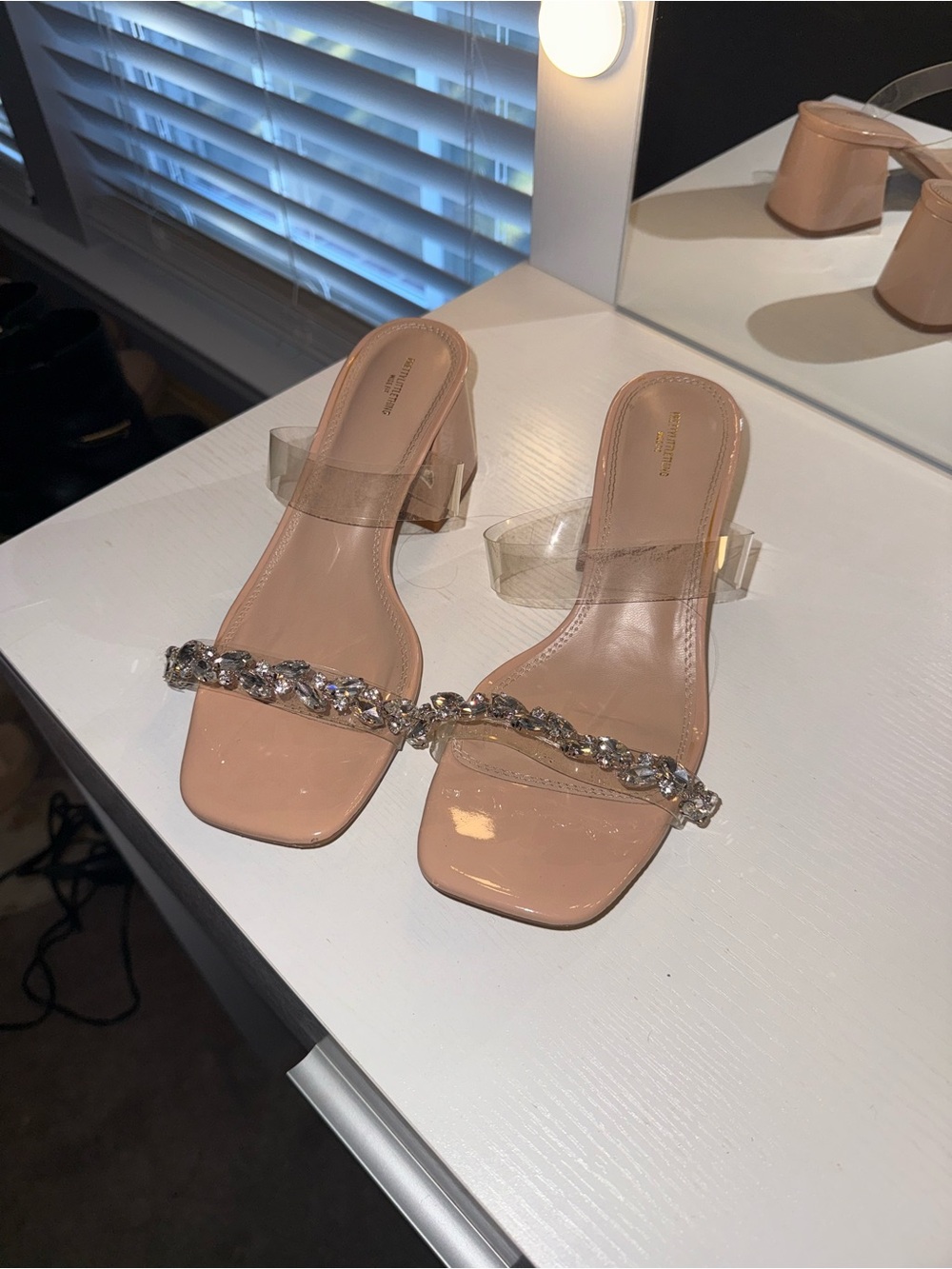 PrettyLittleThing Nude Patent Block Heel Sandals with Crystal Strap